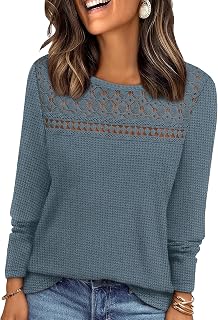 WIHOLL Womens Lace Long Sleeve Shirts Fall Tops Fashion Dressy Casual Lightweight Sweaters Mesh Clothes Trendy Waffle Knit