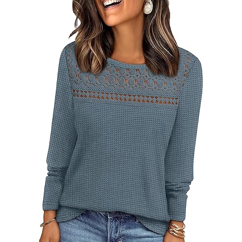 WIHOLL Womens Lace Long Sleeve Shirts Fall Tops Fashion Dressy Casual Lightweight Sweaters Mesh Clothes Trendy Waffle Knit