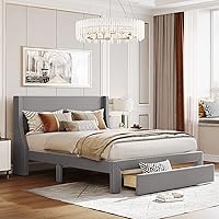 Vista 23 de Quarte Cama de plataforma tapizada de tela de lino retro de tamaño matrimonial con puerto USB, estantes de almacenamiento y cabecera ajustable