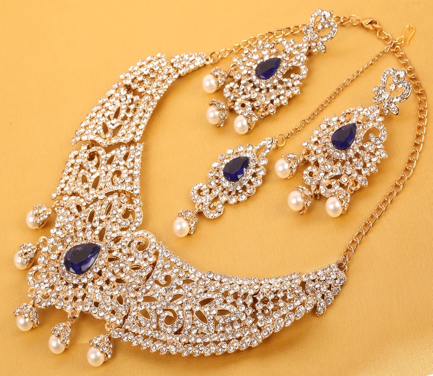 Touchstone Indian jewelry sets for women tikka wedding necklace costume guest statement bollywood rhinestones crystal faux pearls gold big royal neck piece set bridal fashion accessories - Image 7
