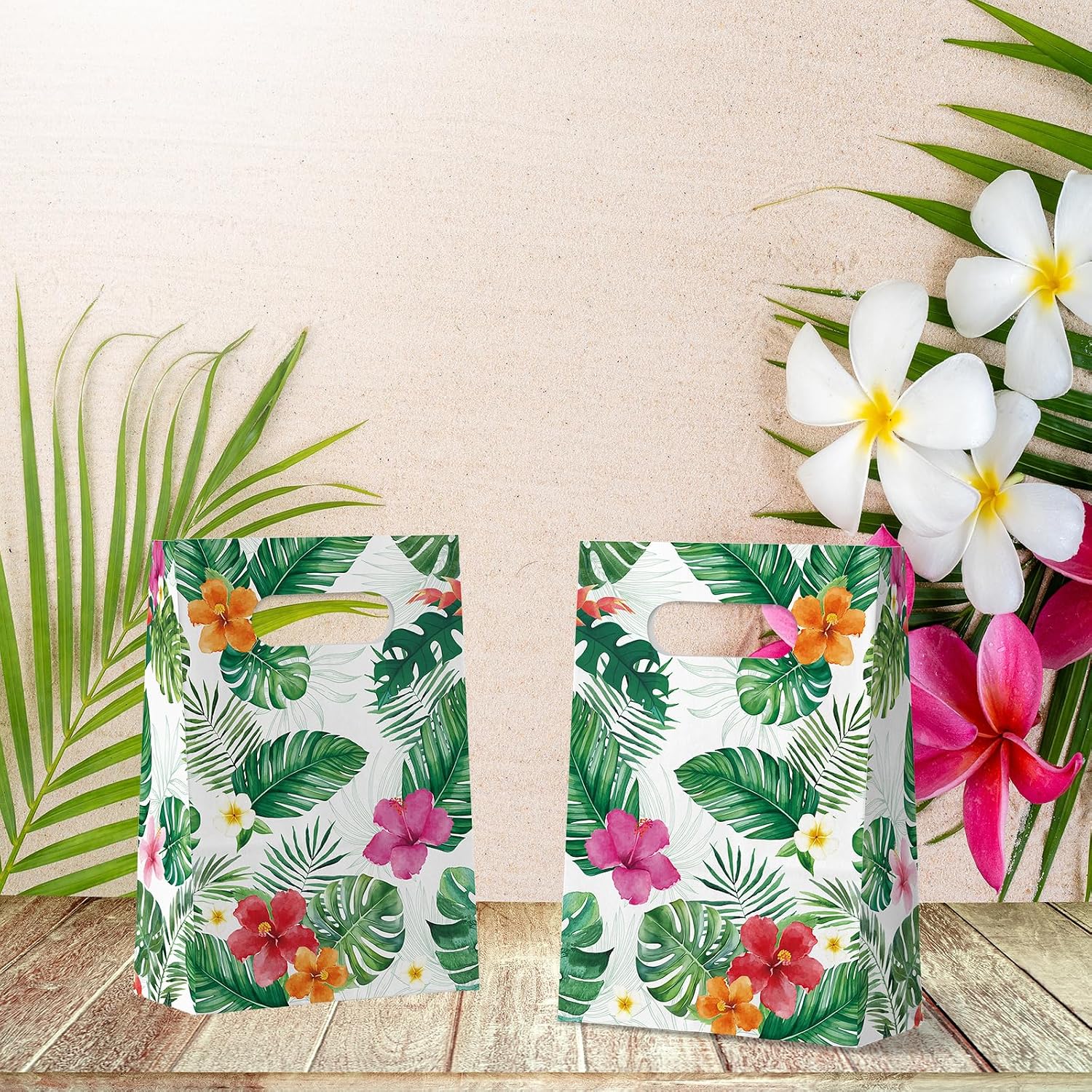 FRIDAY NIGHT 24 Pcs Luau Party Favor Bags Hawaiian Tropical Gift Bags with Handles White Paper Treat Bags Monstera Leaf Floral Design for Summer Birthday Decorations image 5