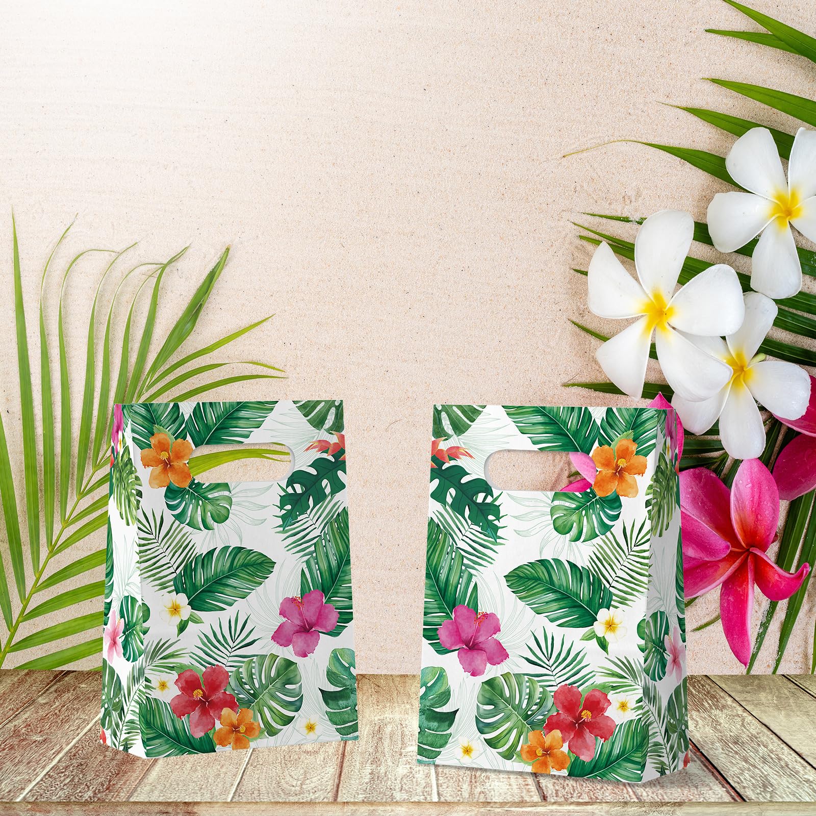 FRIDAY NIGHT 24 Pcs Luau Party Favor Bags Hawaiian Tropical Gift Bags with Handles White Paper Treat Bags Monstera Leaf Floral Design for Summer Birthday Decorations