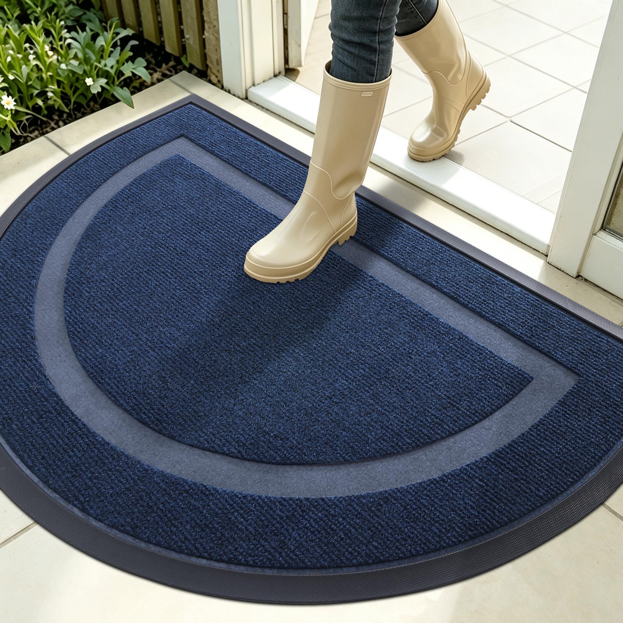 OLANLY Half Circle Front Door Mat Outside 35x23 All-Season Rubber Doormat | Blue, Absorbent, Heavy-Duty, Stain and Fade Resistant, Waterproof Non-Slip Backing, Low-Profile Indoor Outdoor Entryway Mat
