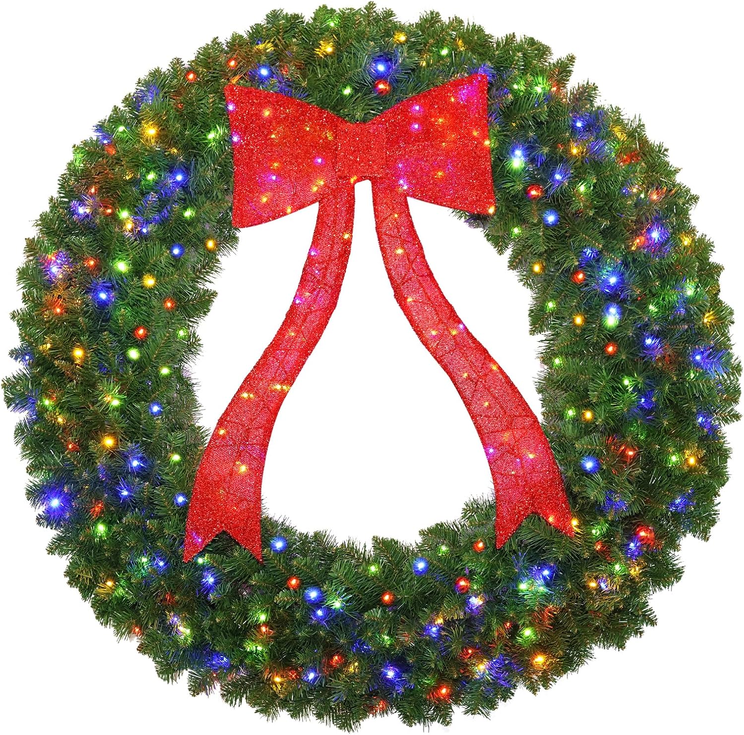 48in Christmas Wreath, 250 LED Lights (Warm White & Color, 10 Lighting Modes), Glowing Red Bow, 714 PVC Branch Tips, Power Plug-in, with Hooks, Holiday Decoration, Outdoor Door Decoration