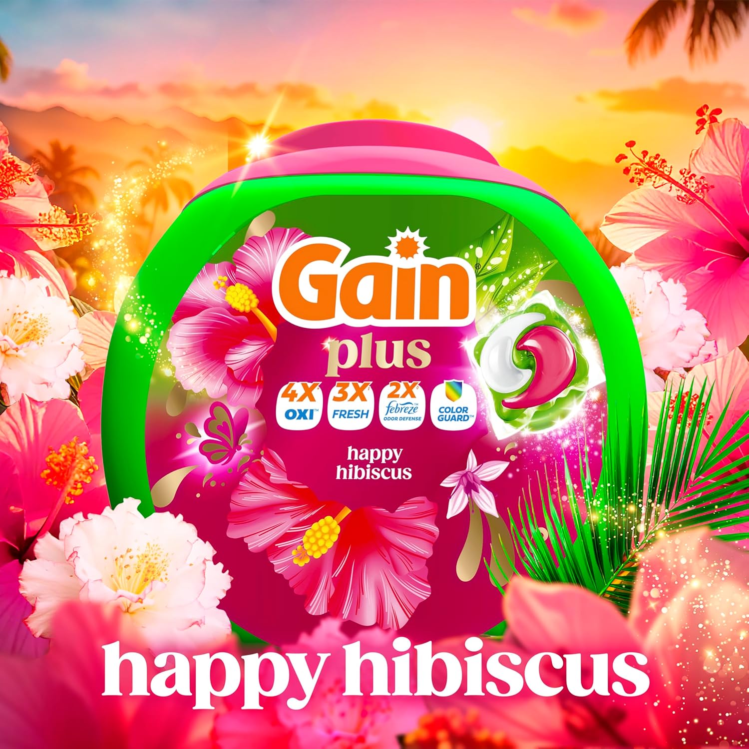 Gain Plus Flings Liquid Washing Detergent Pods, Gain's Best Clean, All-In-One, Happy Hibiscus Scent Laundry Pacs, 45 Count (Packaging May Vary)