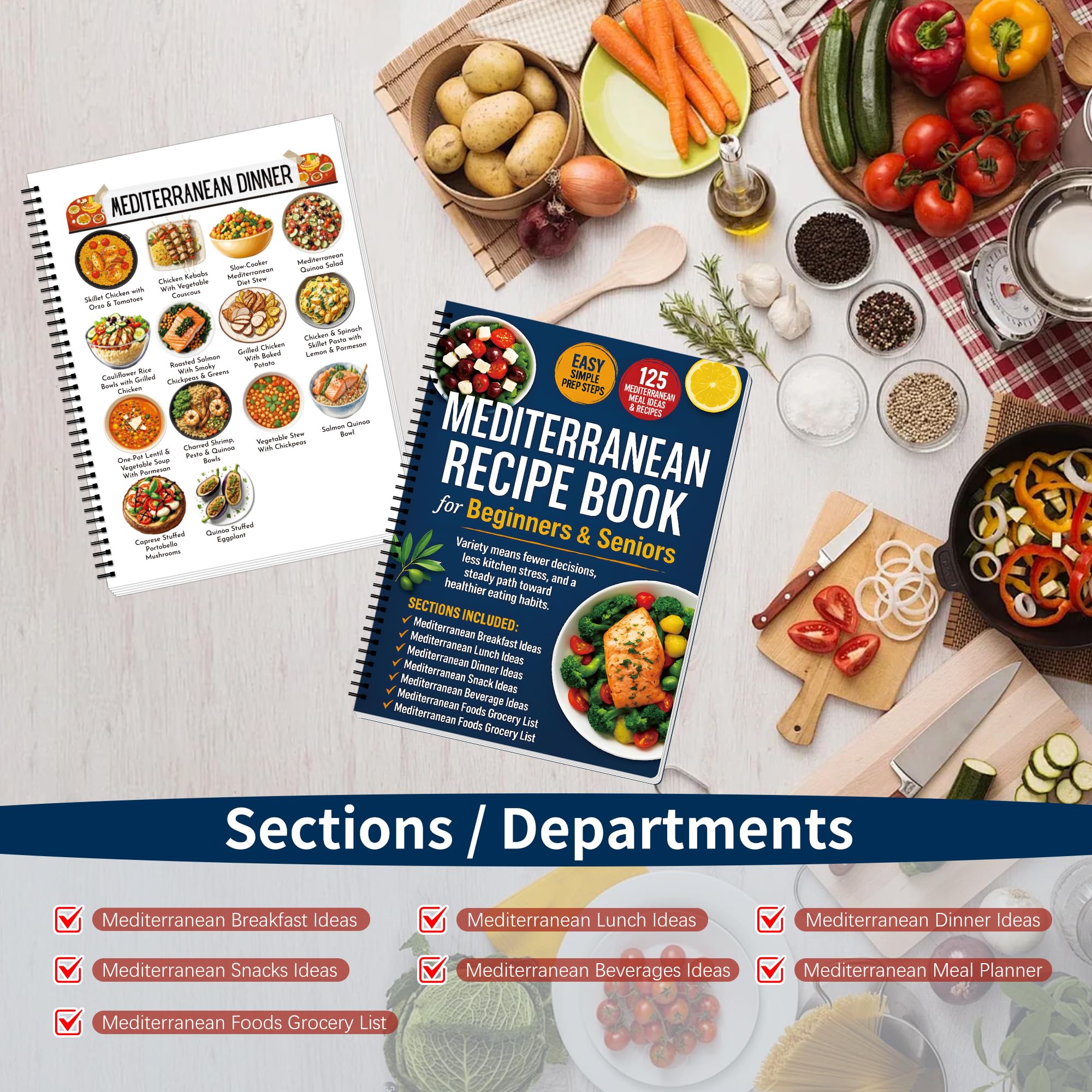 Simple & Easy - Libro de cocina de dieta mediterránea para principiantes y personas mayores, libro de recetas mediterráneas con planes de comidas, lista de alimentos y aperitivos, cuaderno de cocina