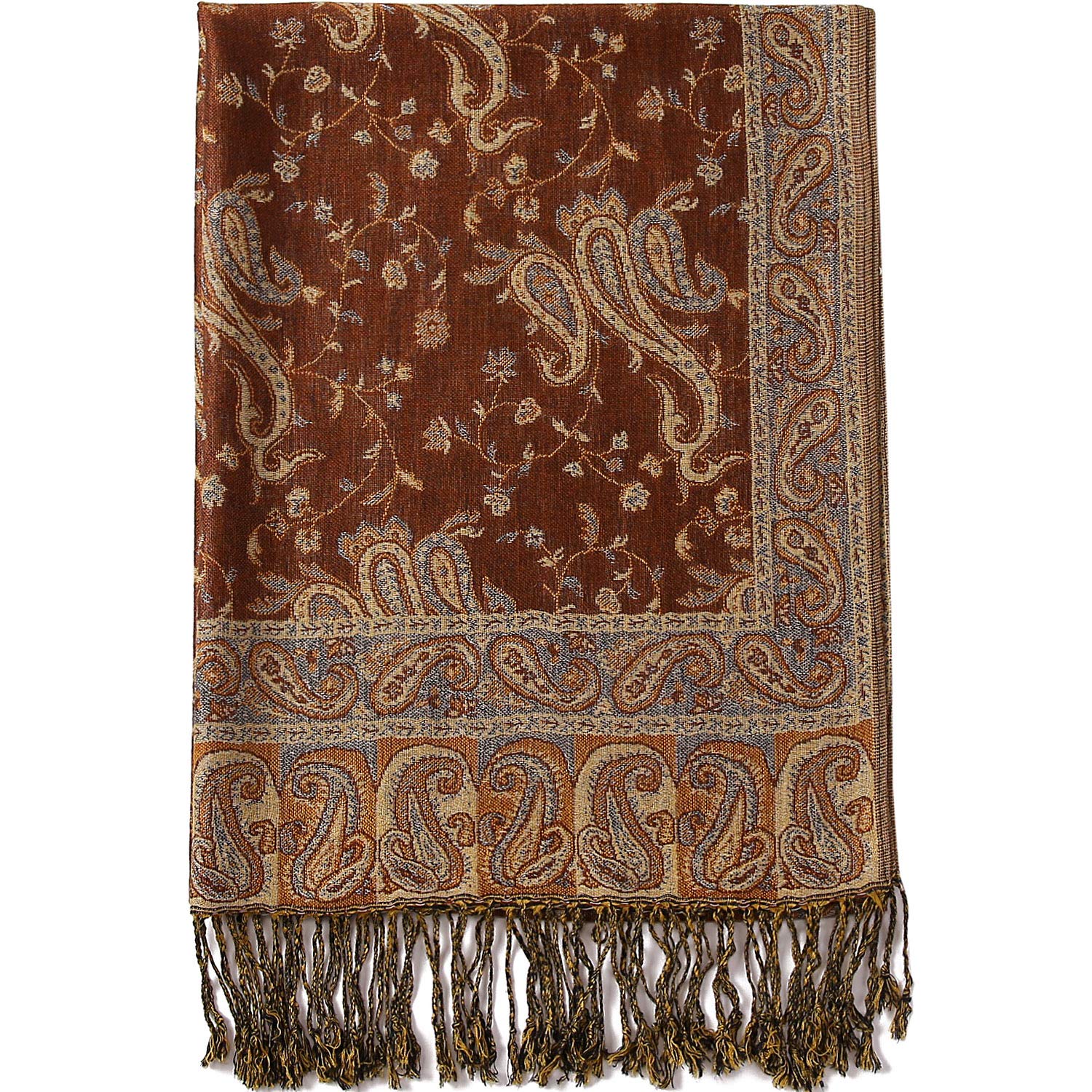 Paisley Flowers Borders Pattern Pashmina Silk Scarf Shawl Wrap Blanket Reversible Comfortable With Fringes, 12-brown, Large