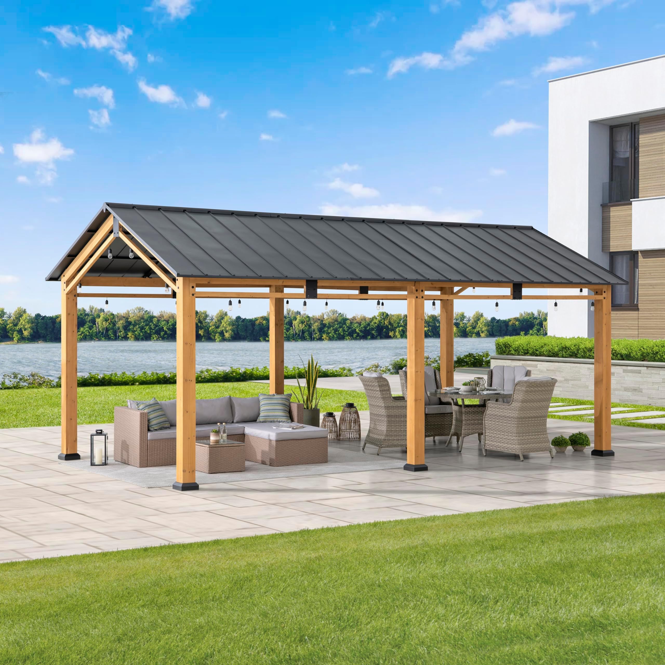 SUNJOY 10'x20' Extra Tall Cedar Wood Carport with Galvanized Steel Roof