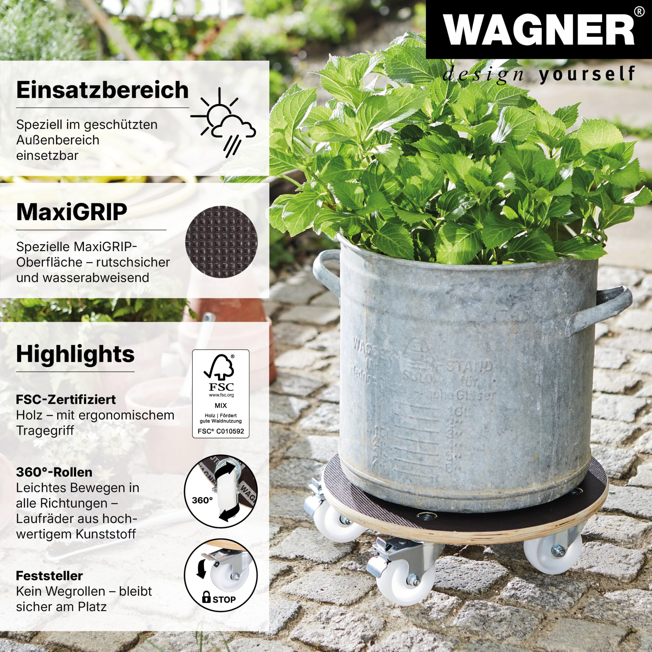 WAGNER Support à roulettes pour Pot de Fleur Maxigrip Ø 38 x 11 cm I intérieur + extérieur I Roule Pot en Bois certifié FSC® I 2 Freins I Capacité de Charge 250 kg I Made in Germany - 20110701