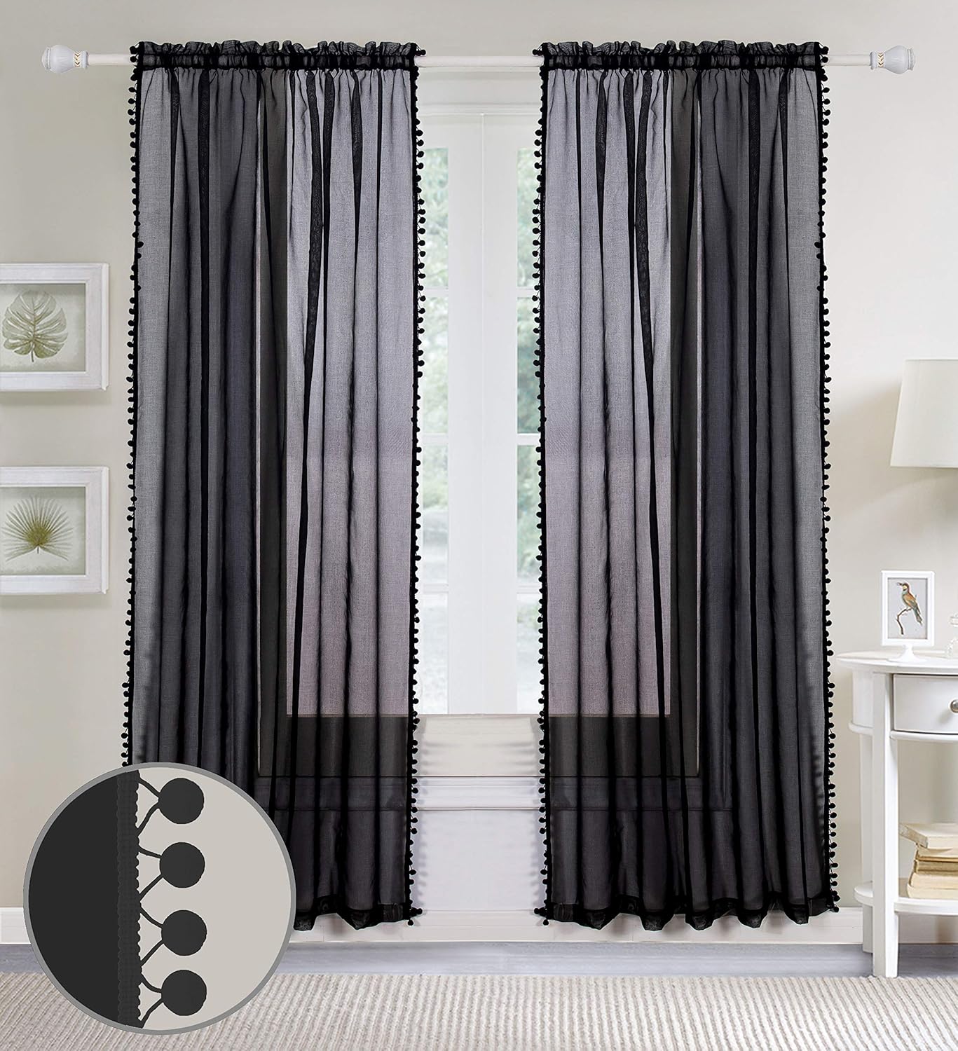 Elegant Comfort PomPom-Curtain-60in-Black Luxurious Pom Pom Tassled Sheer Curtain/Panel with 2" Rod Pocket, Curtain Panels for Living Room, Bedroom, Black, 60" Width, 84" Length, Pack of 2