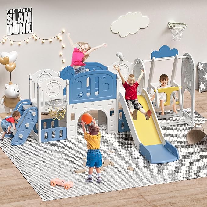 11-in-1 Toddler Outdoor Playset with Slide & Swing, Indoor Playground for Kids, Featuring Basketball Hoop, Extra Long Aisle, Toddler Slide for Backyard and Large Indoor Spaces,Blue&Yellow