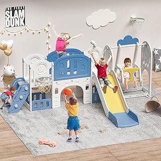 11-in-1 Toddler Outdoor Playset with Slide & Swing, Indoor Playground for Kids, Featuring Basketball Hoop, Extra Long Aisle, Toddler Slide for Backyard and Large Indoor Spaces,Blue&Yellow