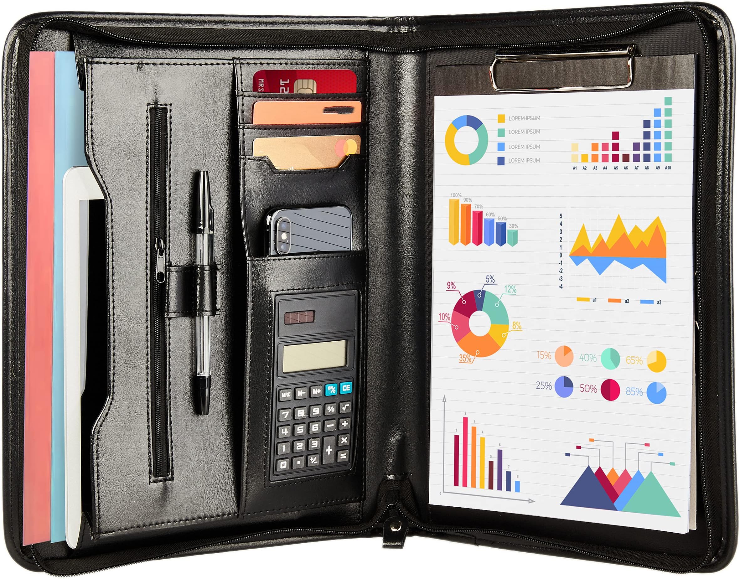 PU Leather Conference Folder by Tassia - Credit Card & Pen Organiser - Zippered A4 Document Case Bag, Portfolio Folio for Business