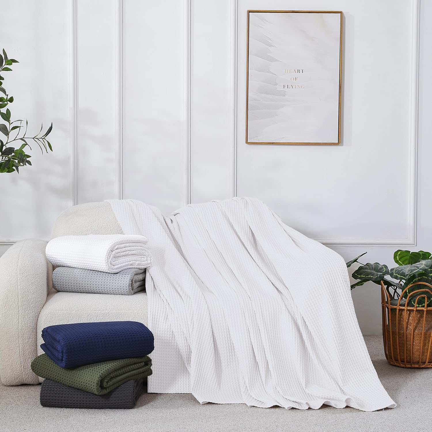 100% Egyptian Cotton Waffle Weave Blanket Full Size for Bed, 320 GSM - Breathable and Soft for Spring Summer, Lightweight All Season Bed Blanket for Couch, Sofa (84x90 Inches, White)