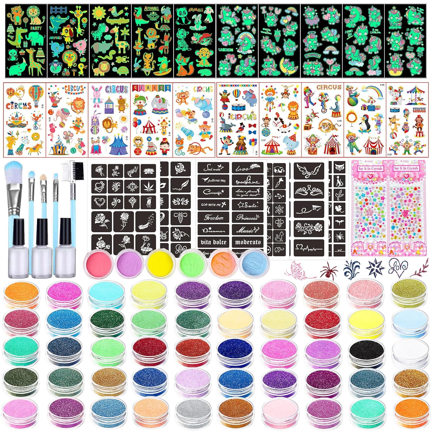 TEUVO Kids Glitter Tattoo Kit with 50 Colors Glitter Powder, 132 Stencils, 10 Luminous Sticker, 6 Glow-in-the-Dark Powder, Body Face Glitter Makeup Temporary Tattoos for Halloween Christmas Birthday
