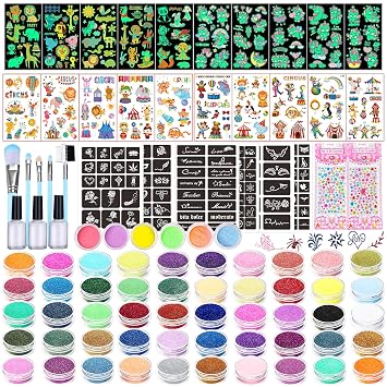 TEUVO Kids Glitter Tattoo Kit with 50 Colors Glitter Powder, 132 Stencils, 10 Luminous Sticker, 6 Glow-in-the-Dark Powder, Body Face Glitter Makeup Temporary Tattoos for Halloween Christmas Birthday