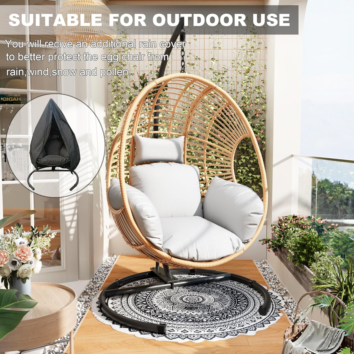 Oversized Hanging Egg Chair Set of 2 Outdoor Indoor, Wicker Swing Egg Chair with Stand 400lbs Capacity for Bedroom, Patio, Garden and Balcony