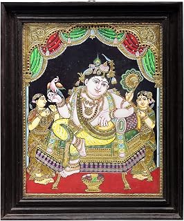 Exotic India 19" x 23" Relaxing Krishna Tanjore Painting | Traditional Colors With 24K Gold | Teakwood Frame | Go