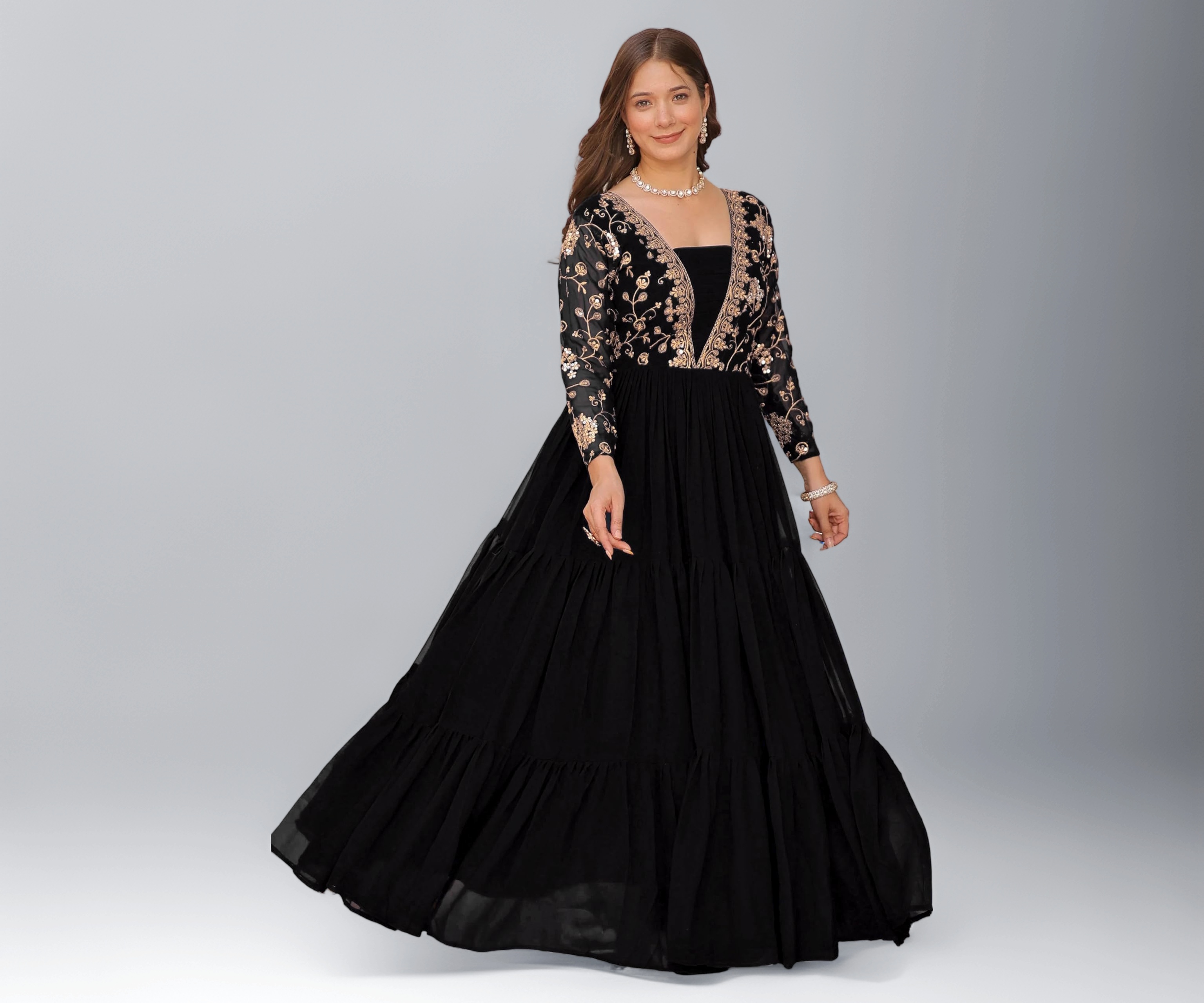 Buy LAZZLY Women's Georgette Maxi Gown | V-Neck, Long Sleeve, Fit & Flare Long Dress