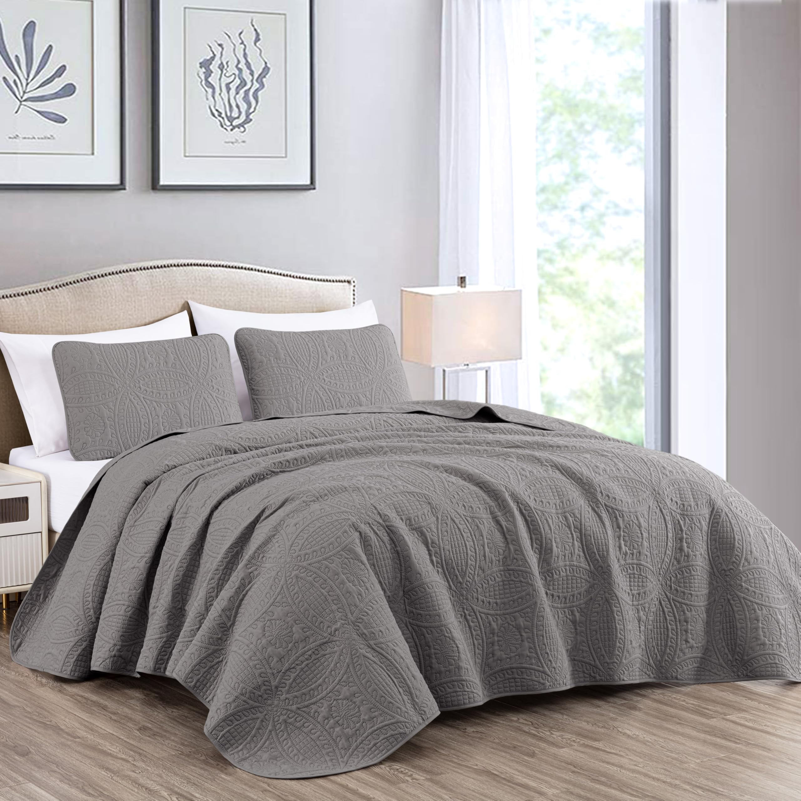 Austin 3-Piece Oversized Bedspread Coverlet Set (King, Gray)