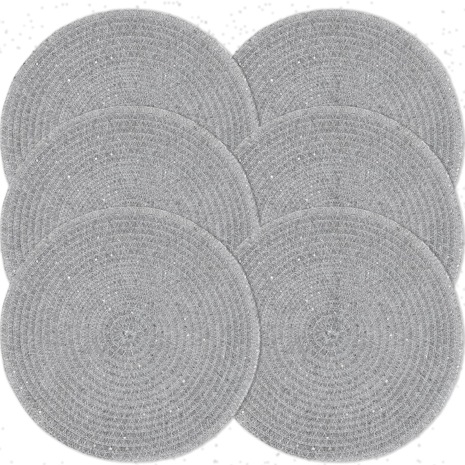 Privalace 38cm Round Woven Placemats Set of 6, Washable Non-Slip Heat Resistant Table Mats, Durable Braided PVC Place Mats for Dining Party(Grey)