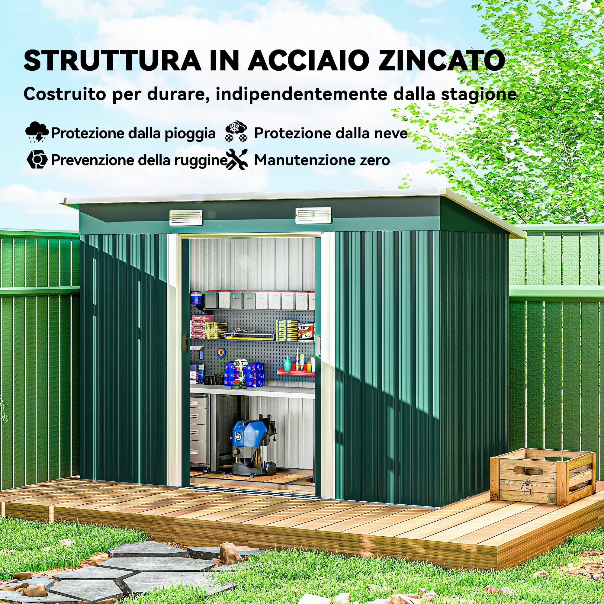 Outsunny Casetta da Giardino con Prese d'Aria 272x134x182 cm Verde Scuro