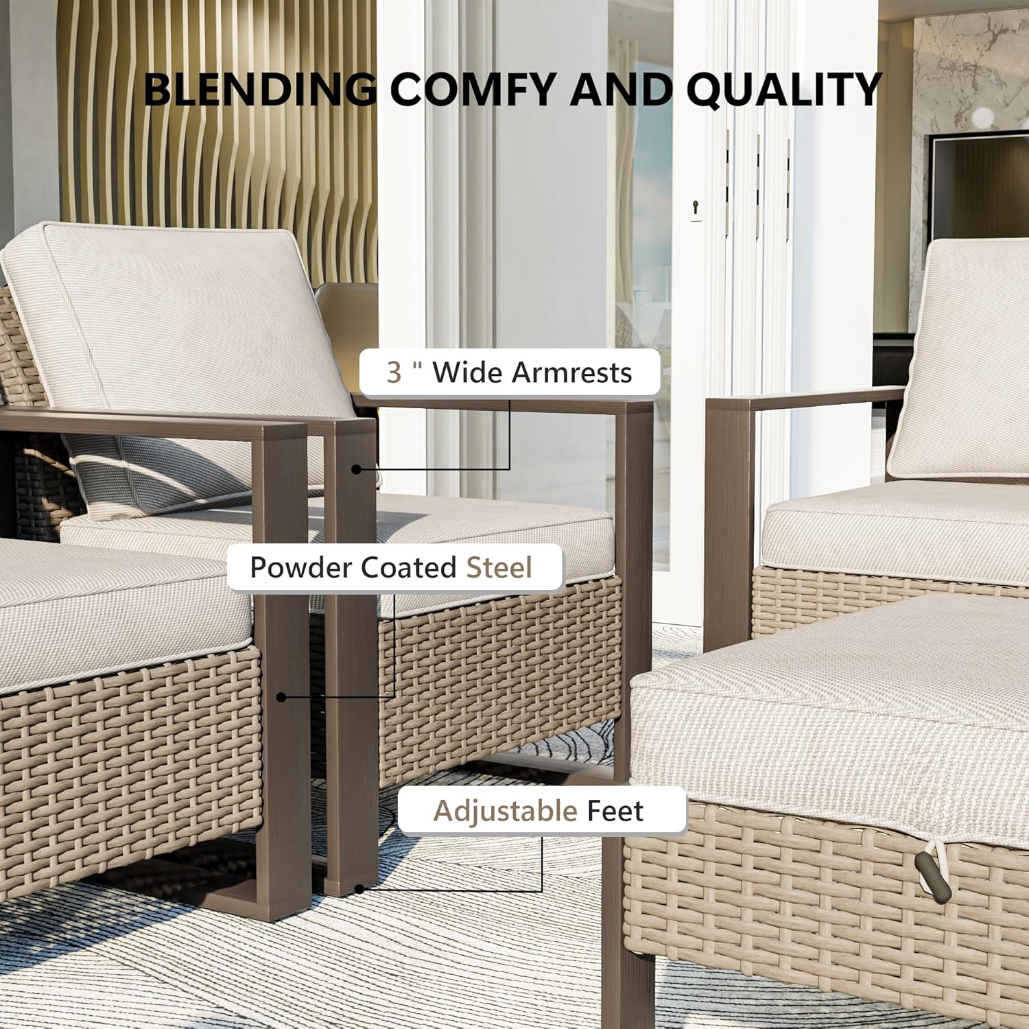 3 Piece Patio Chair Set, Outdoor Wicker Chair and Side Table, Metal Patio Furniture with Deep Seating, Thicken Cushions for Deck, Porch, Yard Use (Beige, 3 PCS/Chairs)