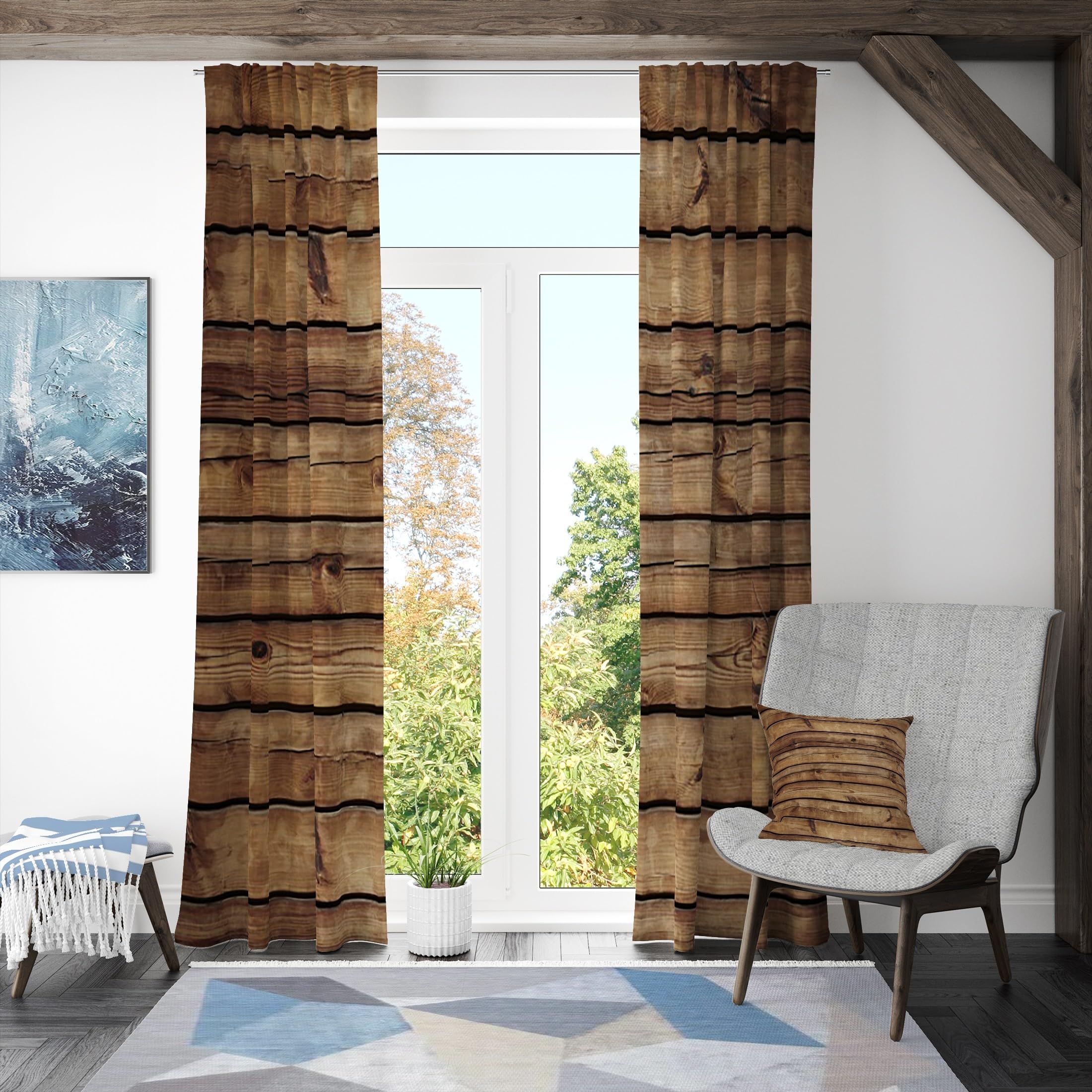 Cortina rústica de Madera para Ventana Tablones de Madera Cortinas Marrón Decoración de Estilo Rural Sala de Estar Temática campestre Vaquero Cortina divisoria Interior 117x138cm, 2 Paneles