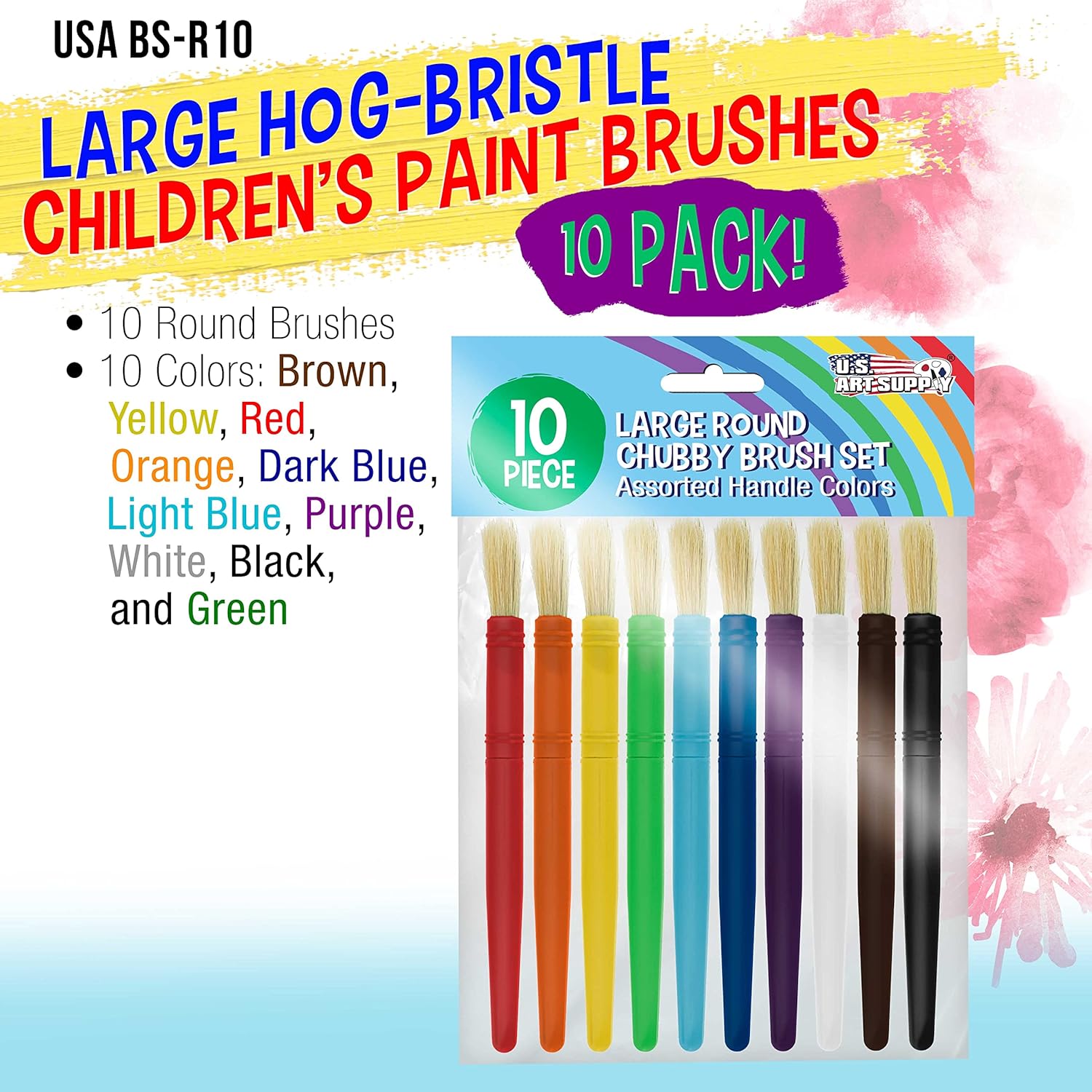 U.S. Art Supply 10-Piece Large Round Chubby Hog Bristle Tempera Paint Brush Set - Fun Party, School, Student, Class Craft Painting - Beginners Starter Artist Painting Brush Kit