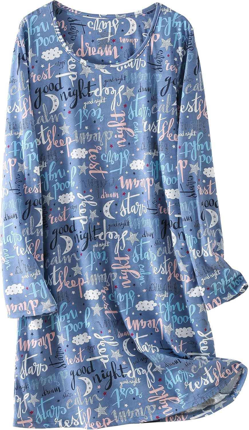 Inadays 3 Pack Women's Cotton Nightgown Sleepwear Long Sleeves Nightshirt Fun Print Sleepdress Loose Comfy Sleepshirts - Image 2