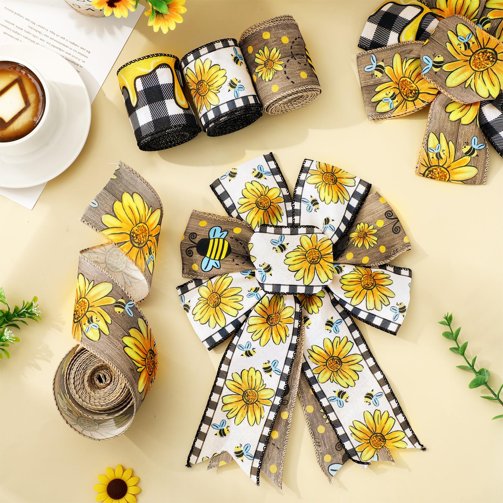 sunflower ribbon品 Amazon.com: Whaline 6 Rolls Sunflower Wired Edge Ribbon 30