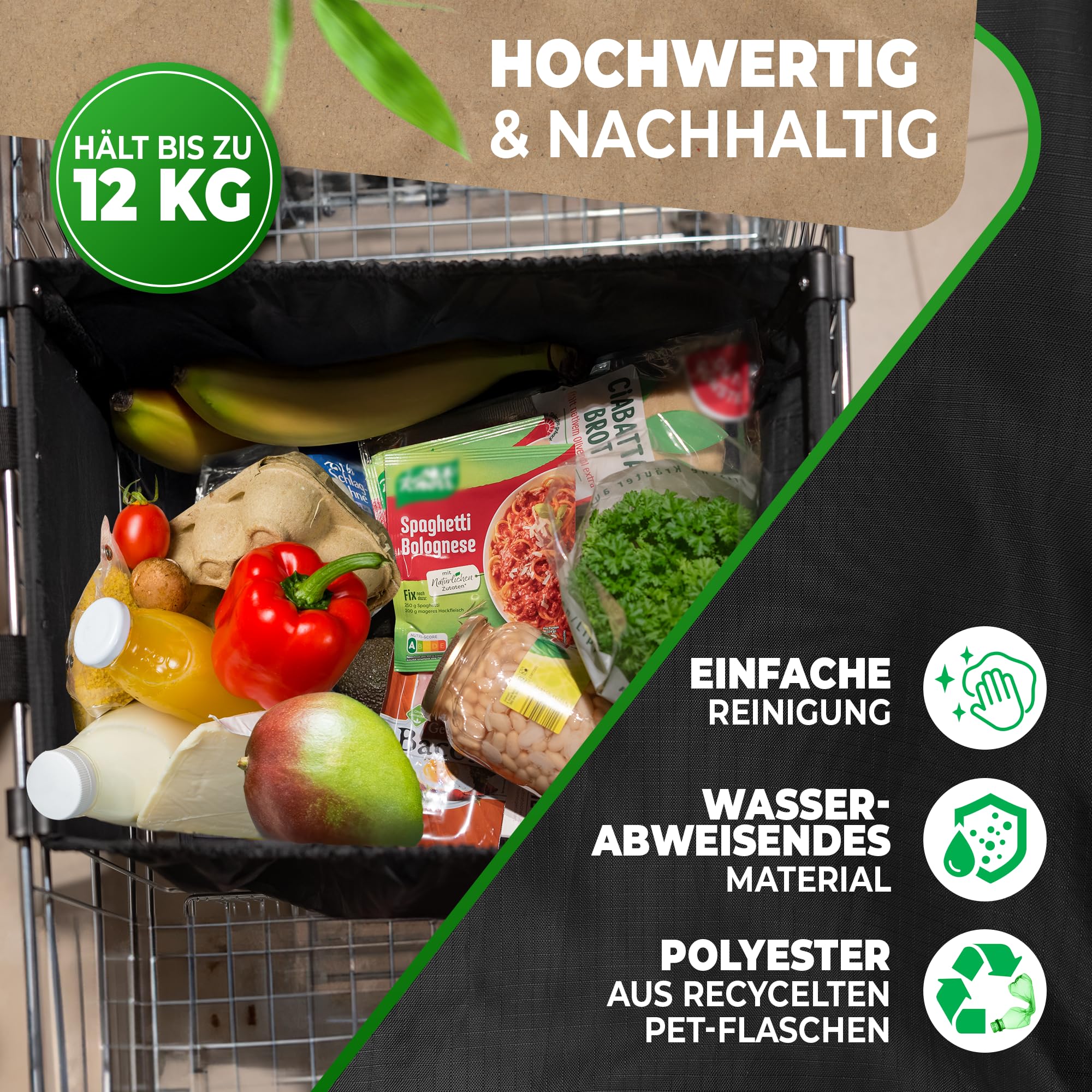 COTTARA® Torba na zakupy do wózka na zakupy z kieszenią chłodzącą, składana torba do wózka na zakupy do zawieszenia z funkcją chłodzenia i żetonem na zakupy, idealna torba na zakupy i zakupy