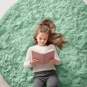 OLANLY Mint Green Round Rugs for Bedroom - Machine Washable, 5 ft Circle Area Rugs for Living Room, Soft and Fluffy Shaggy Carpet for Teen Girls and Boys, Nursery Rooms, Dorms, Home Decor Aesthetic