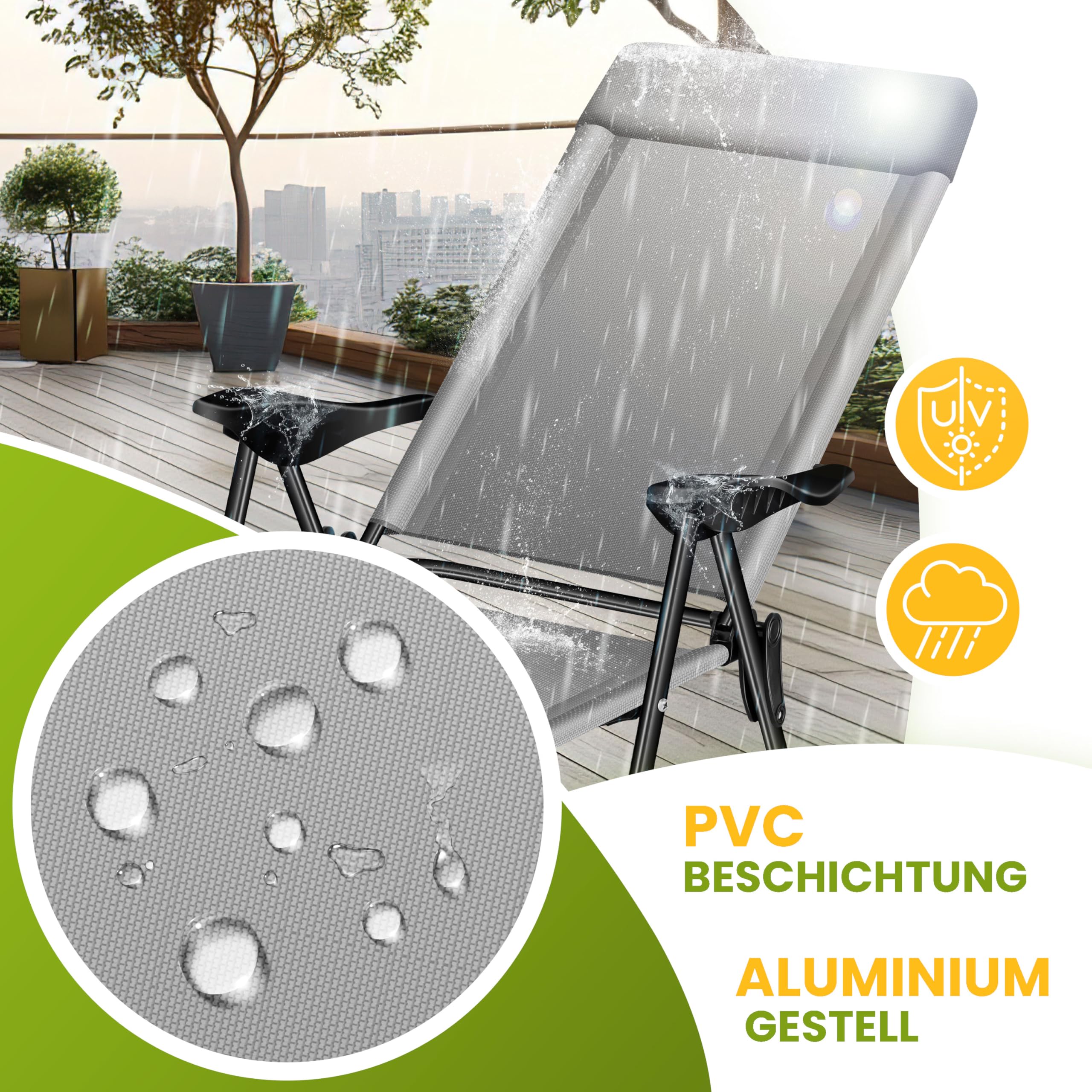 KESSER® Set di 2 sedie da Giardino, Sedia Pieghevole in Alluminio con Schienale Alto Regolabile in 7 direzioni con braccioli, Sedia da Balcone, Sedia da Campeggio Pieghevole Traspirante