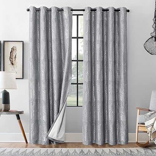Miniatura 6 de Cortinas de patrón geométrico jacquard 100% opacas de color gris claro y plateado, 2 paneles de 52 pulgadas de ancho y 84 pulgadas de largo, con