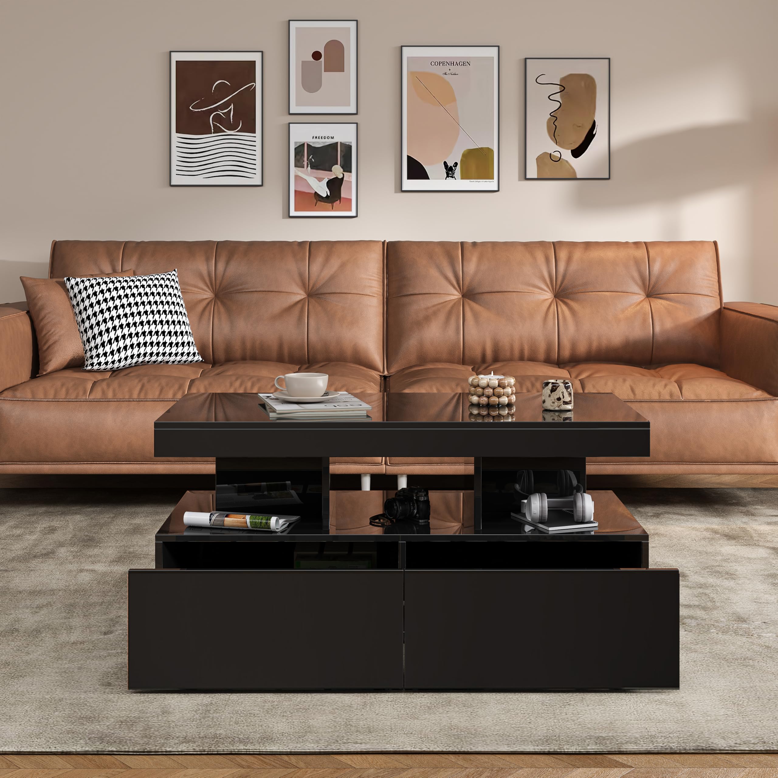 Couchtisch WeiB Hochglanz, Schwebe Couchtischschwarz, Couchtisch Glas mit LED, Wohnzimmertische mit offenem Regal und 2 Schubladen, 104 x 53 x 46cm (Schwarz Doppelschubladen)