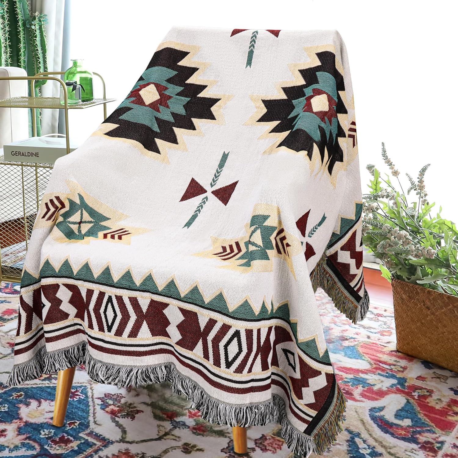 Samboo Mexican Blankets Western Home Decor, Native American Indian Woven Outdoor Throw Blanket for Couch, Bed, Camping, Soft Lightweight Durable, for Outdoor Picnic Beach, Machine Washable, 50"x60"
