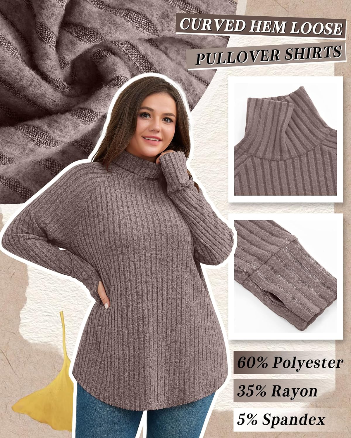 Ficerd 3 Pack Women's Plus Size Turtleneck Sweater Tunics, Long Sleeve Thumbhole Ribbed Tops Curved Hem Loose Pullover Shirts - Image 5