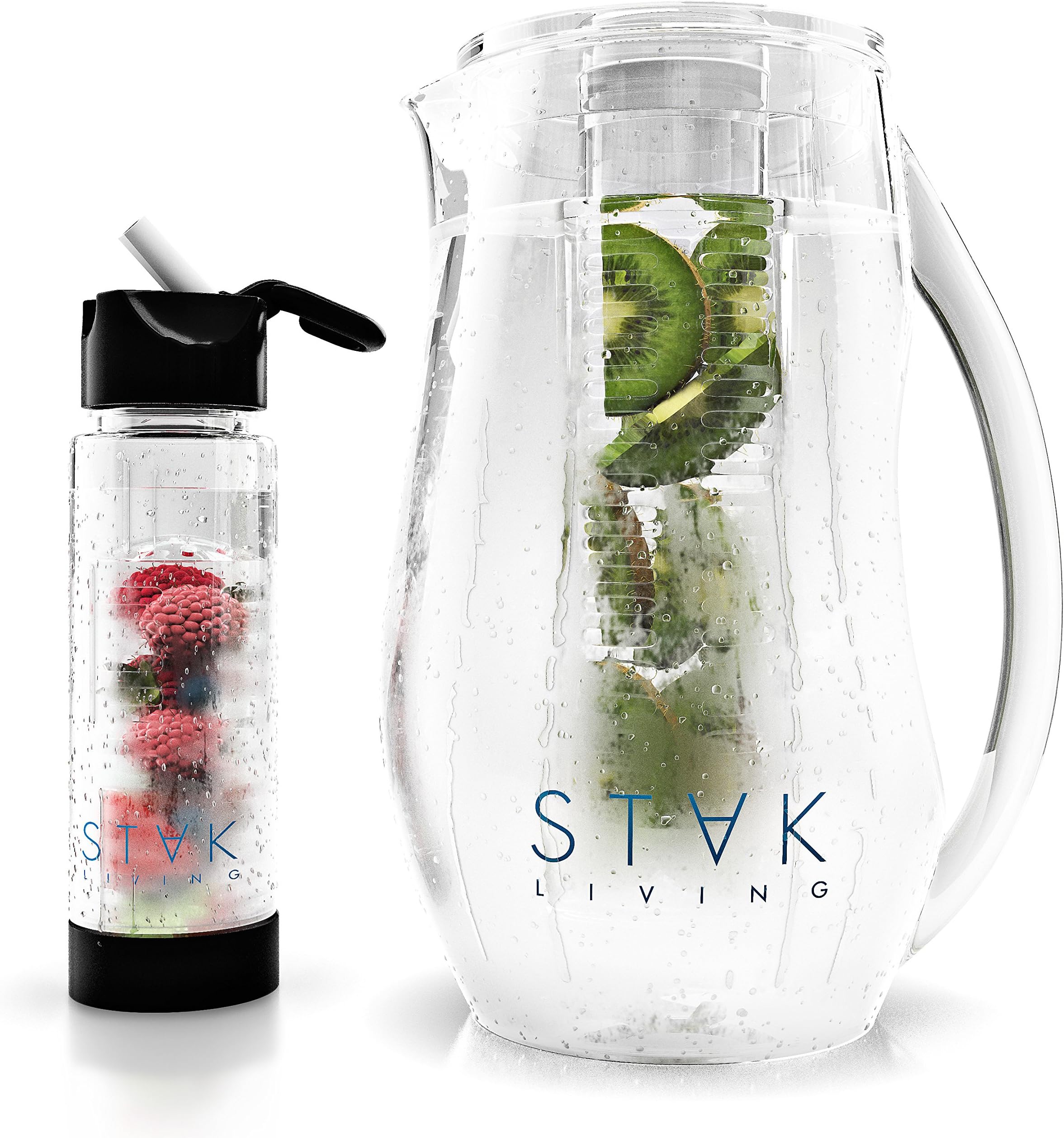 Fruit Infusion Bundle: 1 Large Infuser Water Pitcher (2.5L) + 1 Leak Proof Infuser Bottle (700ml) with Straw for Home & Travel | Plus Bonus Fruit Infused Water Flavor Recipe E-Book