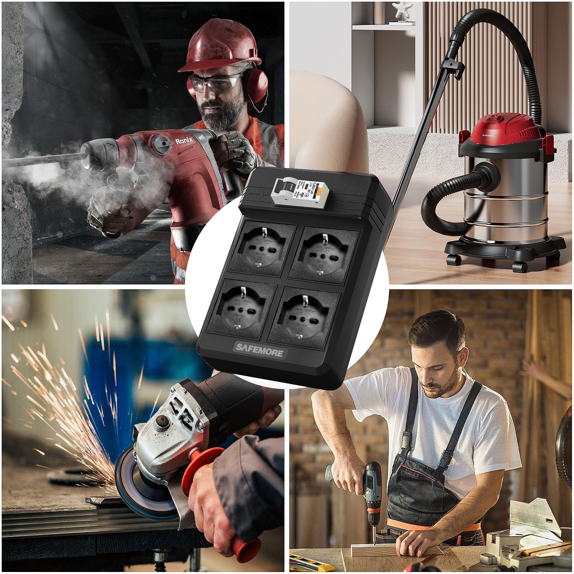 Presa Multipla con Interruttore Salvavita Integrato, 4 Prese con Protezione RCD 16A/250V, Ciabatta Salvavita 4000W con Cavo di Prolunga da 3m e Interruttore Differenziale 30mA RCBO (Solo per l'Italia)