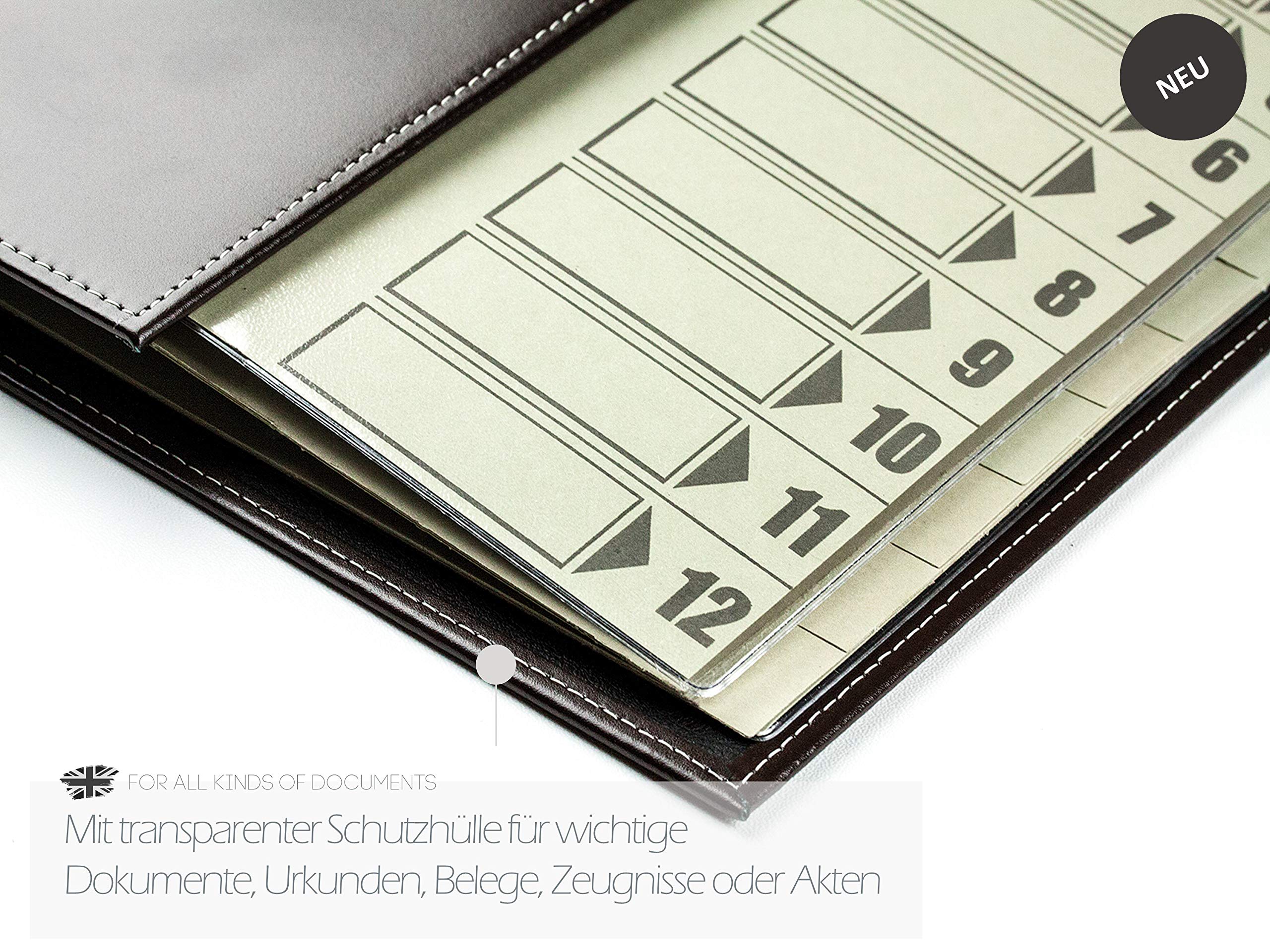 DELMON VARONE - Personalisierbare Ordnungsmappe/Pultmappe DIN A4 Cambridge Top Grain Leder braun - Premium Dokumentenmappe Fächermappe mit 12-teiligem Register (12 Fächer) mit Sichtlöcher