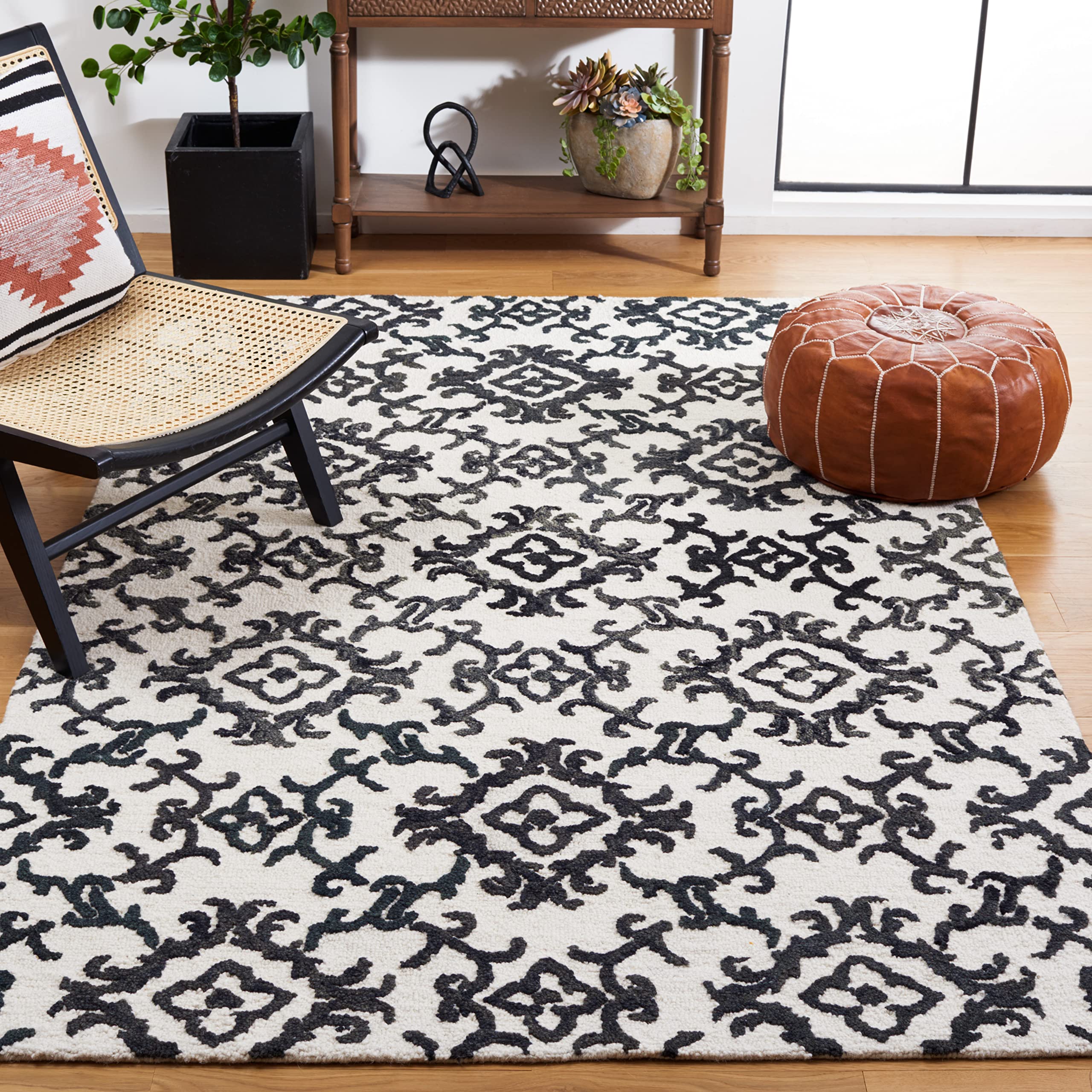 SAFAVIEH Blossom Collection Area Rug - 9' x 12', Ivory & Black, Handmade Wool, Ideal for High Traffic Areas in Living Room, Bedroom (BLM104B)