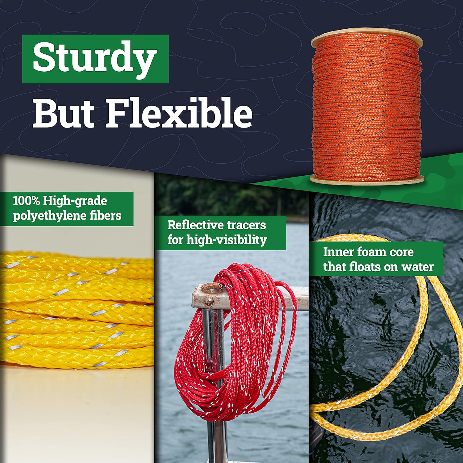 Greatest Product SGT KNOTS Reflective Hollow Braid Polyethylene Rope for Path Marking, Ski Slopes, Concerts, Parks (1/4 x 1000ft, Yellow)