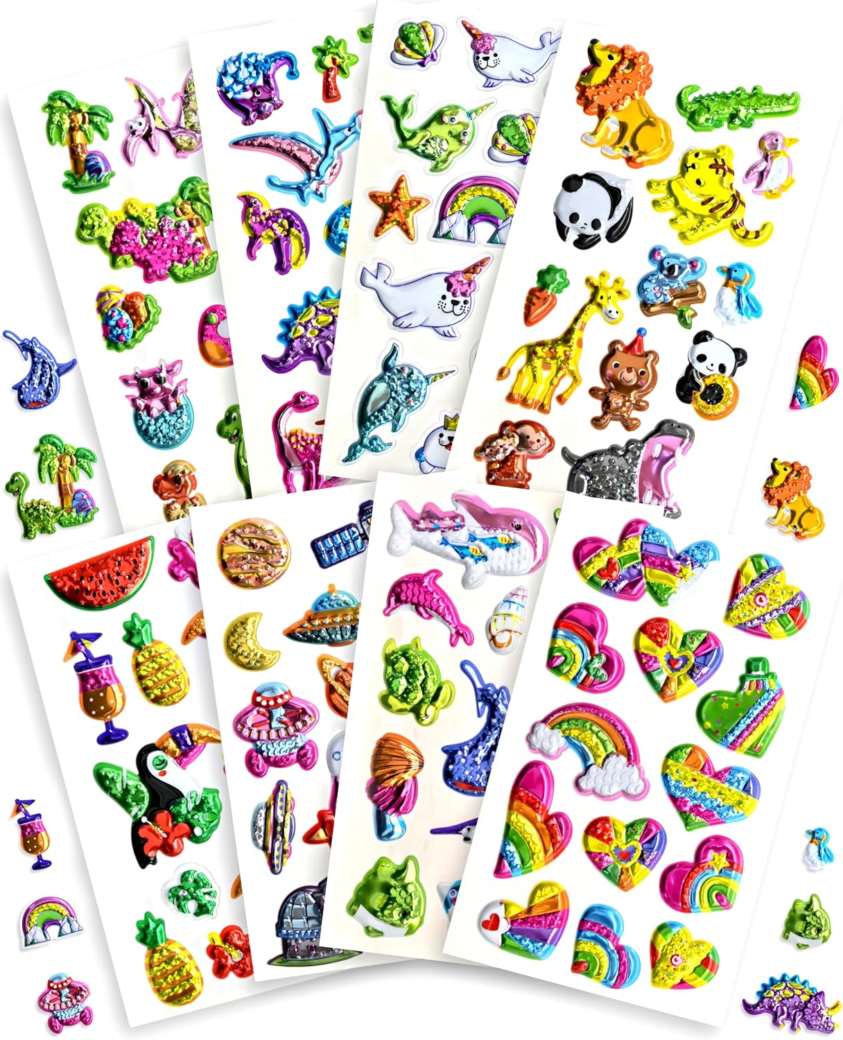 105PCS 3D Glitter Puffy Animal Stickers, 8 Sheets for Kids