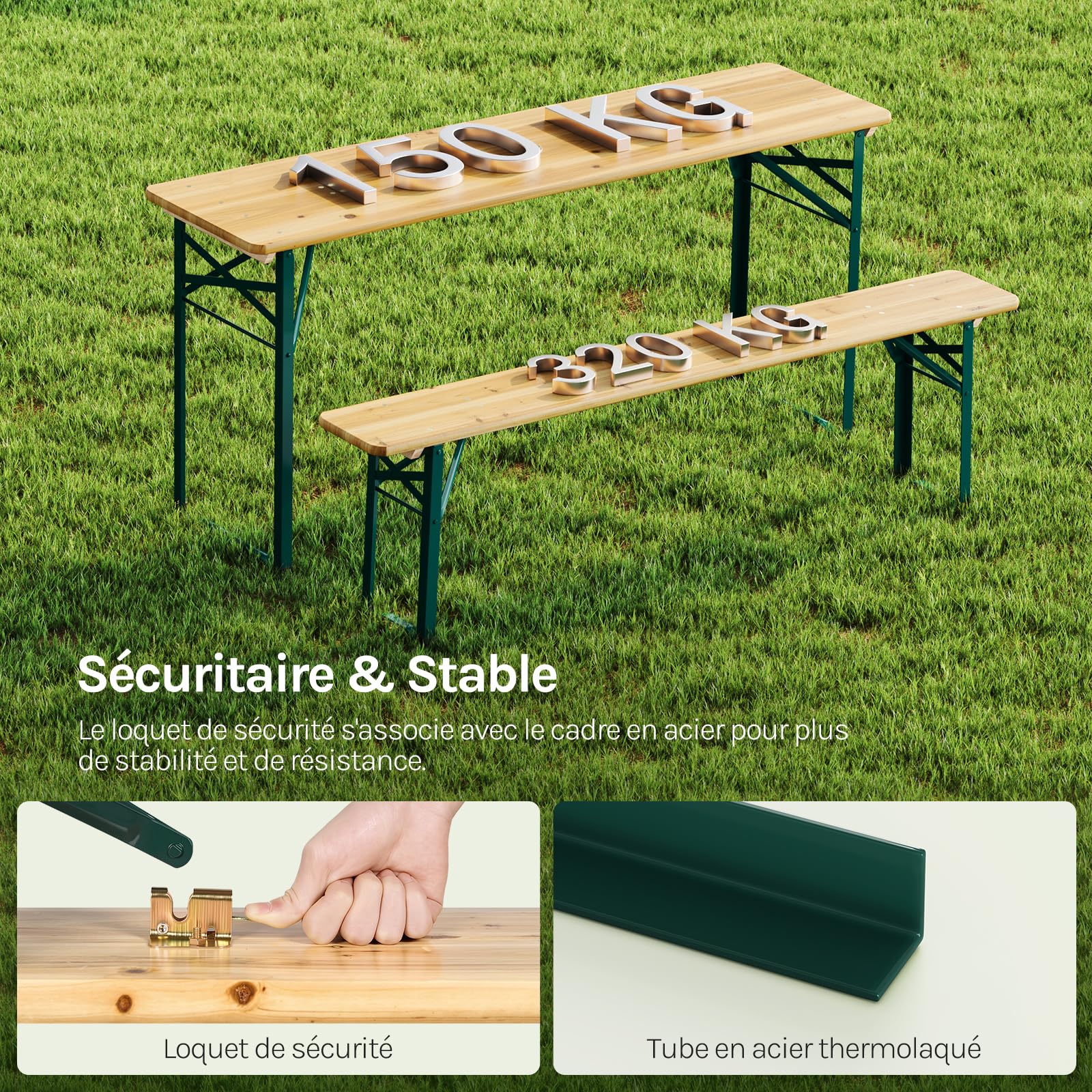 WOLTU Ensemble de Table et Banc de Brasserie 3 Pièces Table Pliante Extérieure avec 2 Bancs Pliables en Bois et Métal