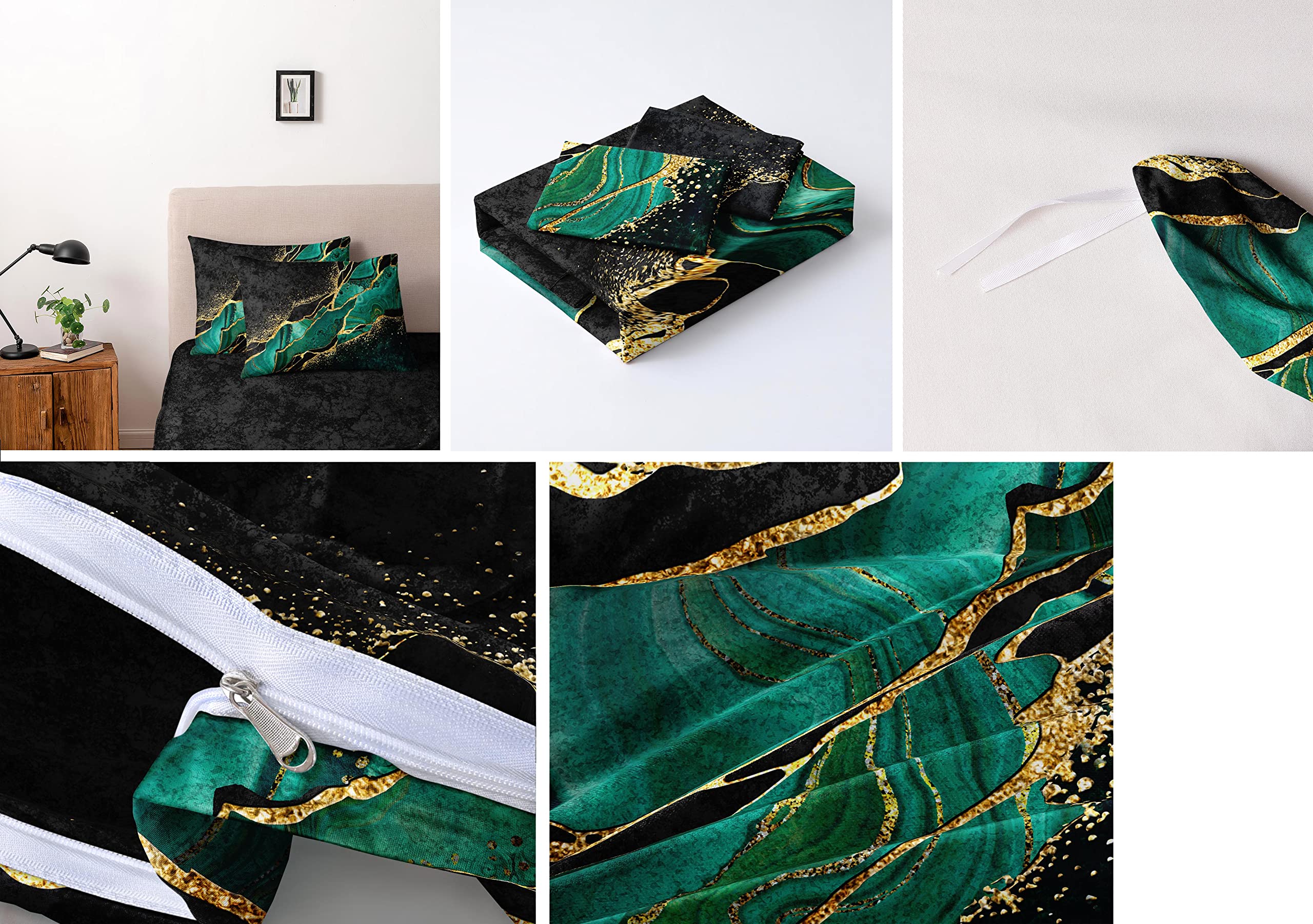 Parure De Lit 220x240 Cm + 2 Taies 65x65 Cm - Microfibre Douce, Motif Abstrait Turquoise/Noir | Zippée, Sangles Intérieures | Pour Chambre 2 Personnes