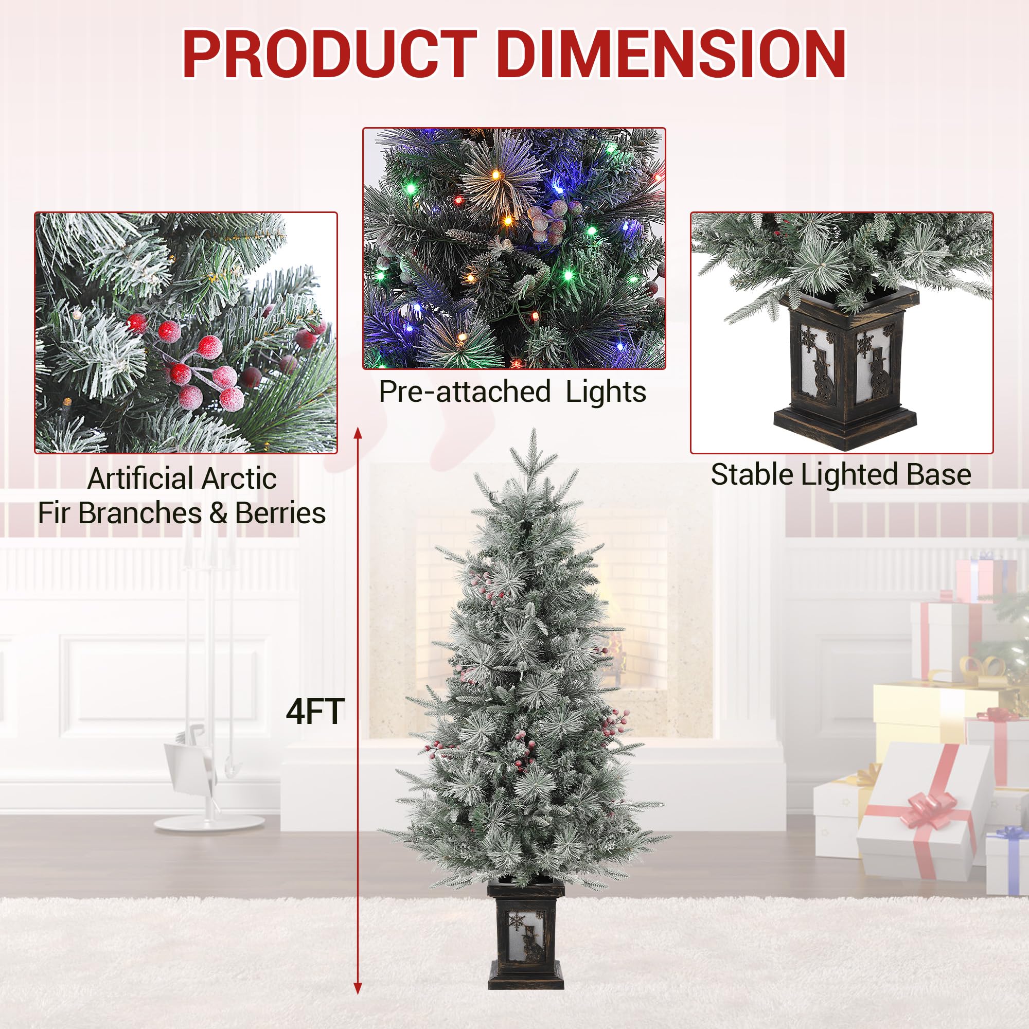 GarveeTech Schneebeflockter künstlicher Weihnachtsbaum 125 cm mit LED - 150 LEDs warmweiß/mehrfarbig, 8 Modi, PVC-Zweige - EU-Stecker, Schneemann-Lichtbox - 4ftH Frost Tree, Dual Color 8 Modes, 150LED