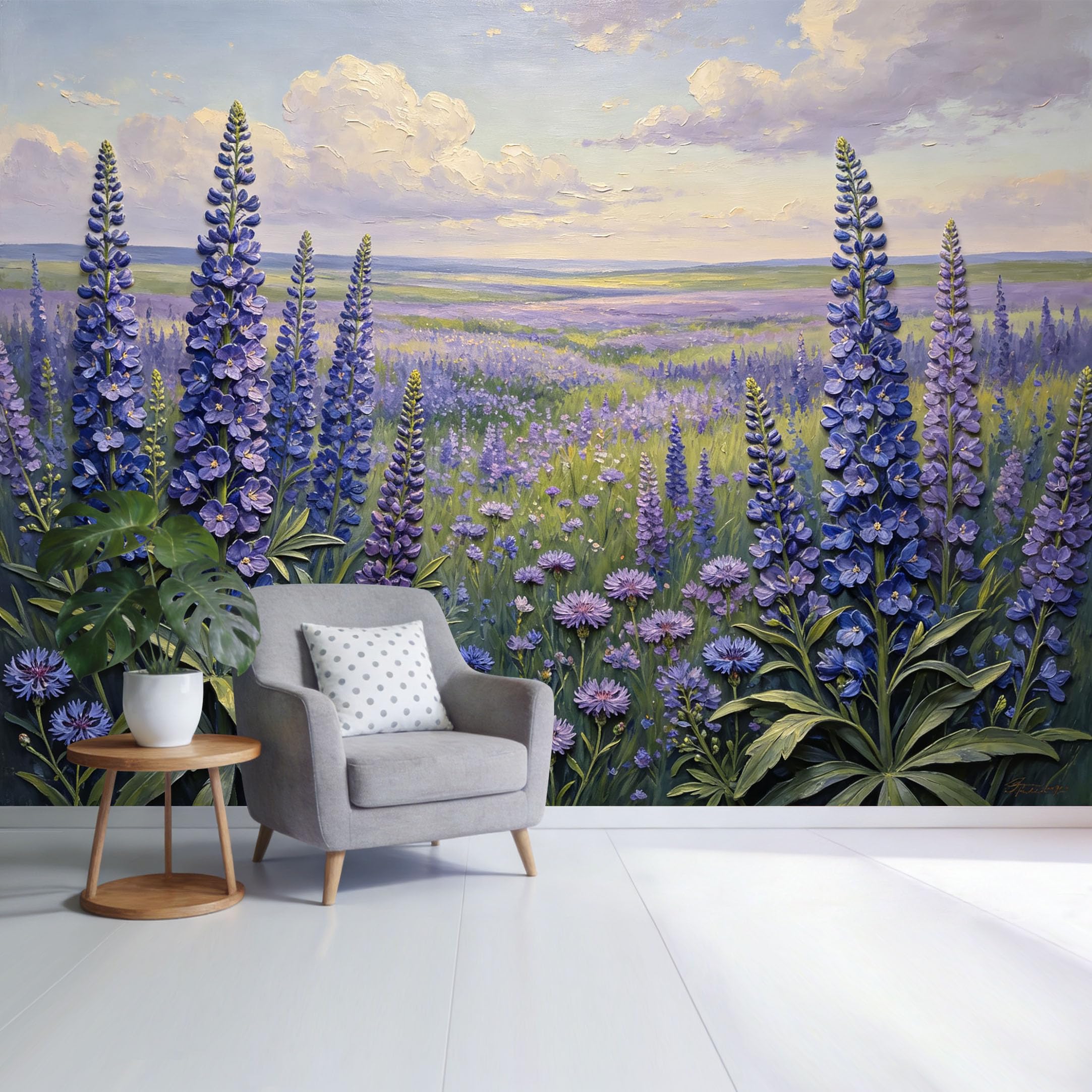 Custom Size Wall Mural Lavender Lupine Field Landscape Oil Painting Botanical Floral Scene SelfAdhesive Wall Fabric Removable Wallpaper for Home Office Decor