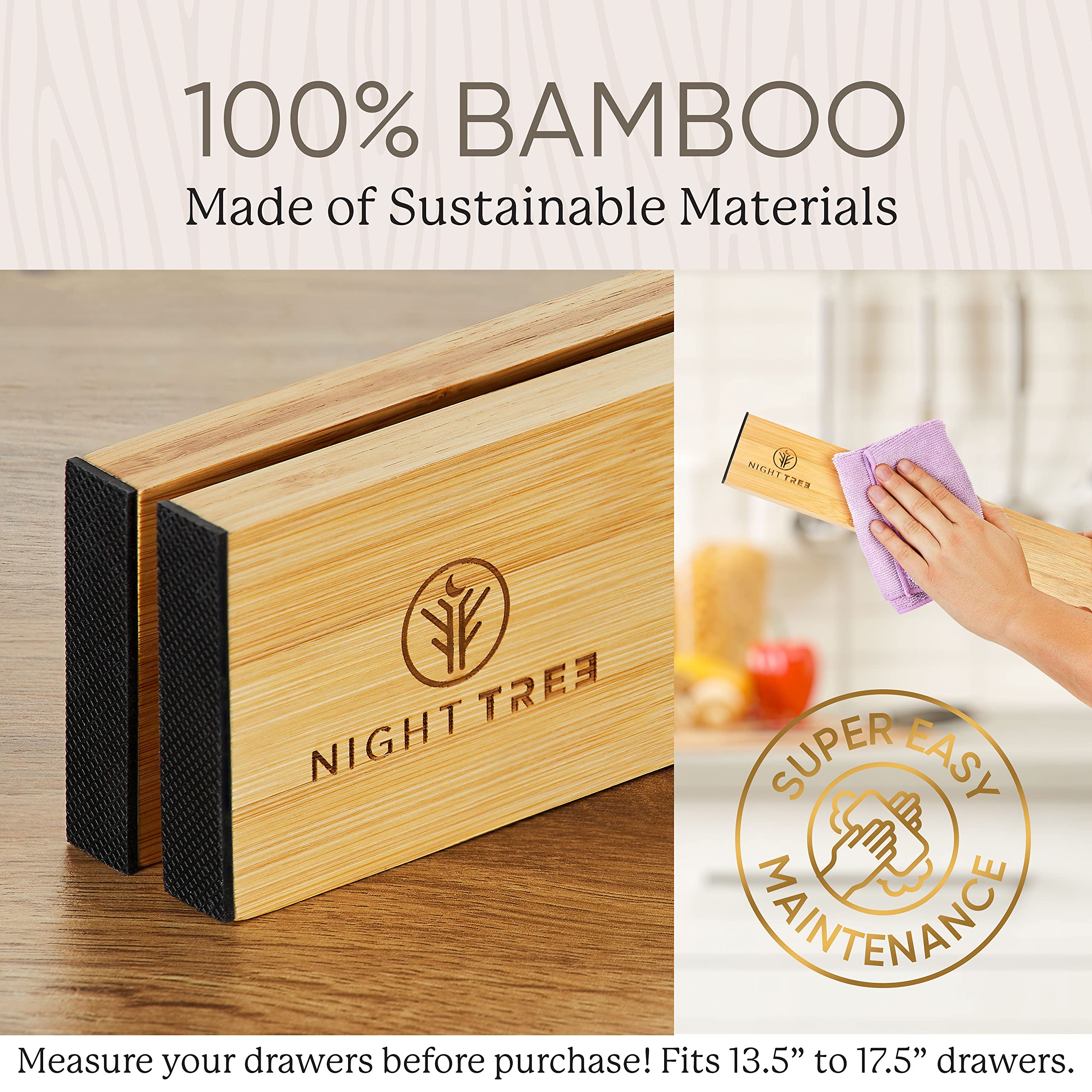 Night Tree Erweiterbare Schubladenteiler aus Bambus – federbelastete Holz-Organizer für Kleidung, Küchenutensilien, Badezimmer und Kommoden (34,3 cm bis 44,5 cm)