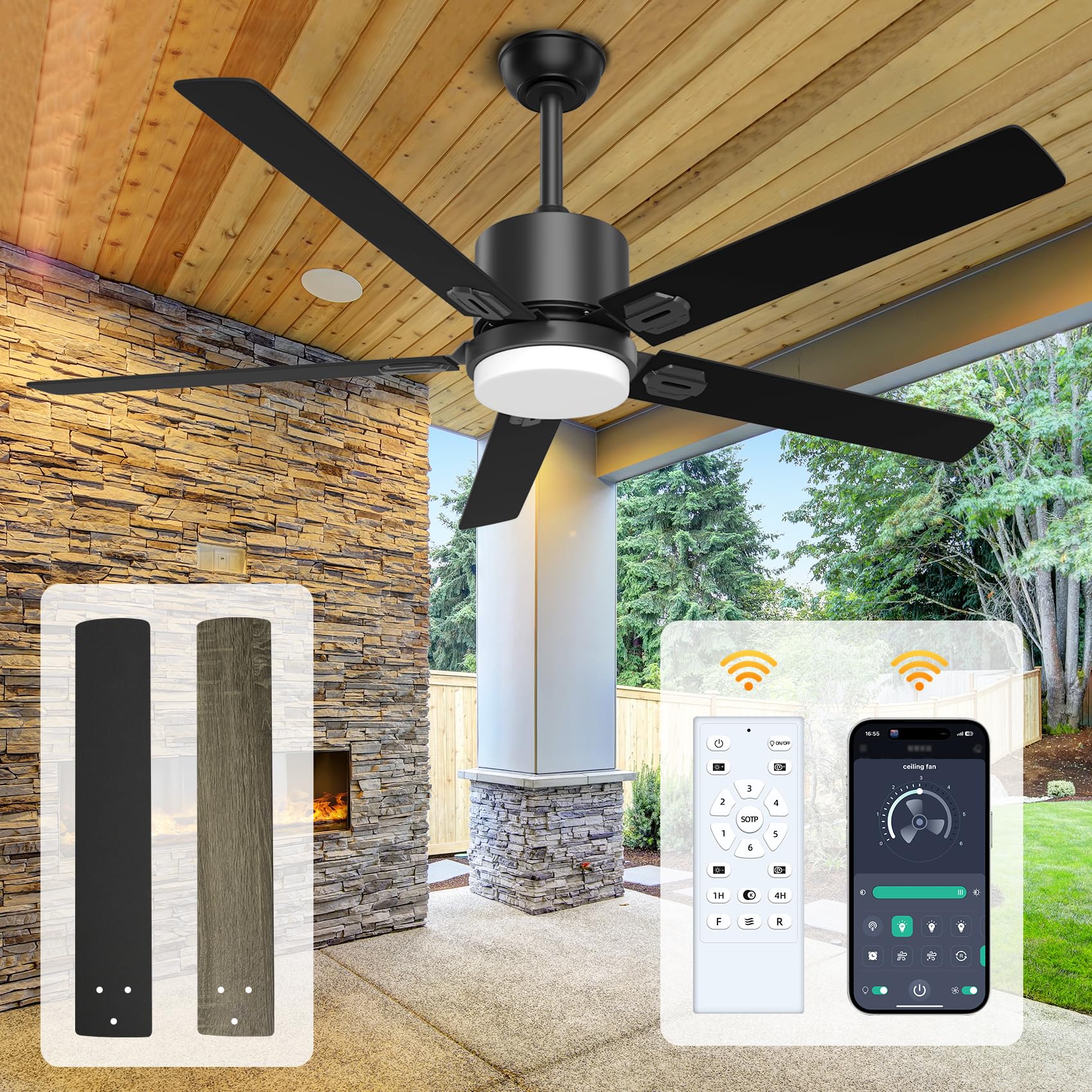 Ceiling Fans with Lights:Outdoor/Indoor Ceiling Fan with Remote/APP Control,60 Inch Modern Ceiling Fan with 6 Speeds Reversible DC Motor,Black Outdoor Ceiling Fan for Patio,Bedroom Living Room